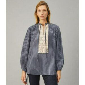 Tory Burch Striped Blue and White Macrame Embellished Women's Top US Womens 0